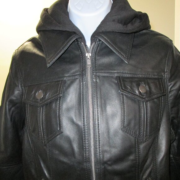 Black Bomber Leather Jacket with Removable Hood NEW Sz M - Picture 5 of 11